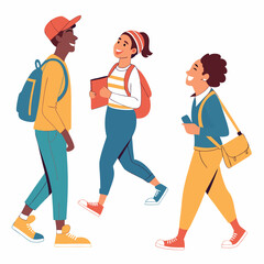 Cheerful students walking together with backpacks and study material illustration