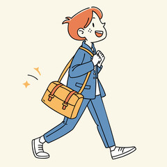 Animated character joyfully strolling with shoulder bag in bright cartoon illustration