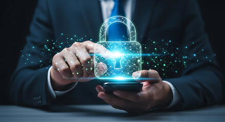 Businessman holding a digital padlock and phone representing data security and protection.