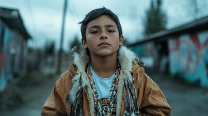Fototapeta premium A young Native American boy stands confidently, dressed in traditional attire, showcasing a connection to cultural heritage amidst a backdrop of vibrant graffiti art.