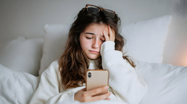 Sad teenage girl looking at his phone in bed. Emotional scene representing online bullying, mental health, or loneliness in the digital age