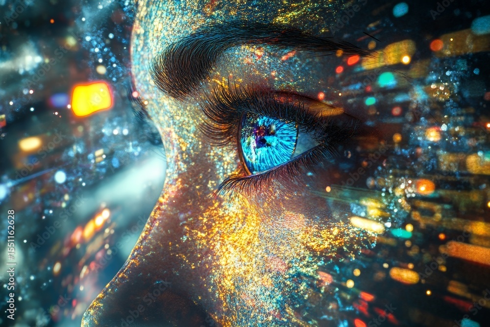 Poster a digital artist using advanced software and hardware to create stunning virtual art, with a focus o