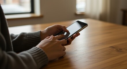 Hands interact with smartphone on wood table, natural light.