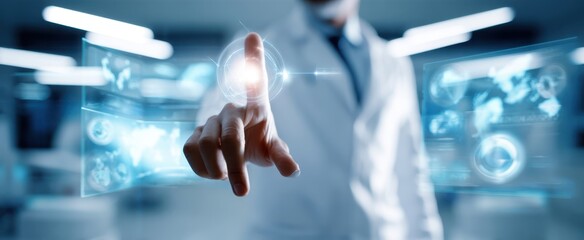 The doctor interacting with a futuristic digital interface in a modern healthcare setting.