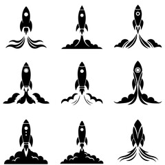 A beautiful set of simple rocket and spaceship icons for minimalist user interface design