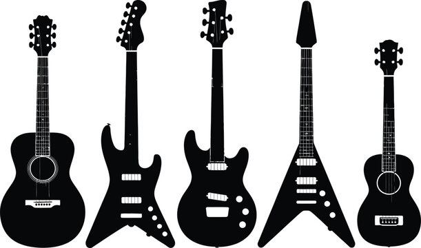 Mixed acoustic and electric guitar silhouette vector set including bass, ukulele and flying V shapes for rock and folk music graphics
