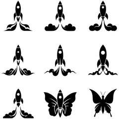 A collection showing the evolution of space travel, with silhouettes from early designs to future concepts