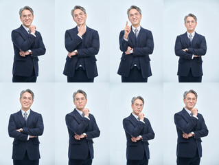 Confident Businessman in Suit with Various Arm Gestures