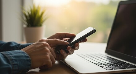 Hands using phone next to laptop, sunlit workspace, potted plant, blurred background.