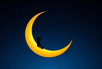 Naklejka premium Silhouetted childlike figure peacefully nestled on a slender crescent moon against a star-studded night sky, dream, art