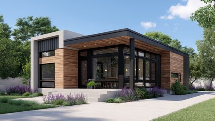 Modern, single-story home with dark metal accents, wood siding, large windows, and a paved walkway.  Landscaped with lavender