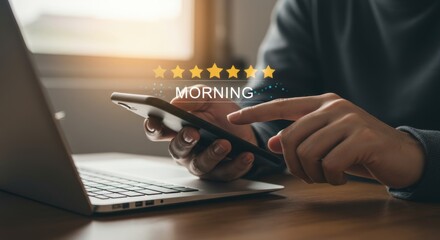 Morning Tech: Laptop, Smartphone, Glowing Stars, and Fingertips on Screen.