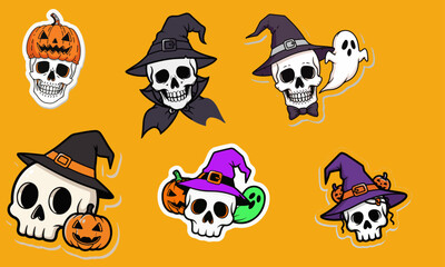 Obraz premium Cute Halloween Skull and Ghost Sticker Collection with Witch Hats and Pumpkins