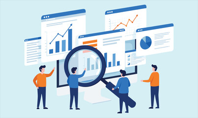 Business Analytics and Financial Data Analysis: Team Examining Growth Charts, Marketing Statistics, and Investment Performance on Computer Screens for Strategic Decision Making.