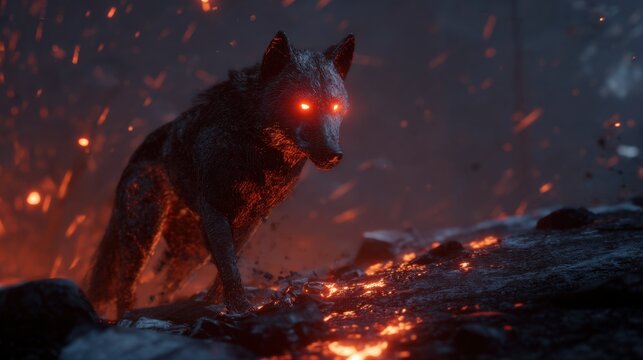 Fiery Wolf: An imposing dark wolf stands amidst a blazing landscape, its red eyes gleaming with fierce intensity in the inferno, radiating danger.
