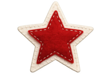 Festive star-shaped christmas ornament crafted from red and white felt, featuring delicate white stitching against clean transparent backdrop