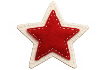 Festive star-shaped christmas ornament crafted from red and white felt, featuring delicate white stitching against clean transparent backdrop