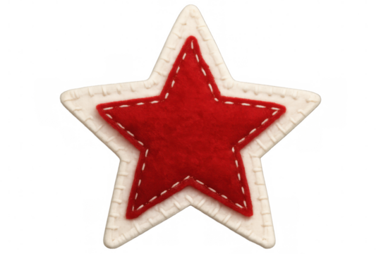 Festive star-shaped christmas ornament crafted from red and white felt, featuring delicate white stitching against clean transparent backdrop