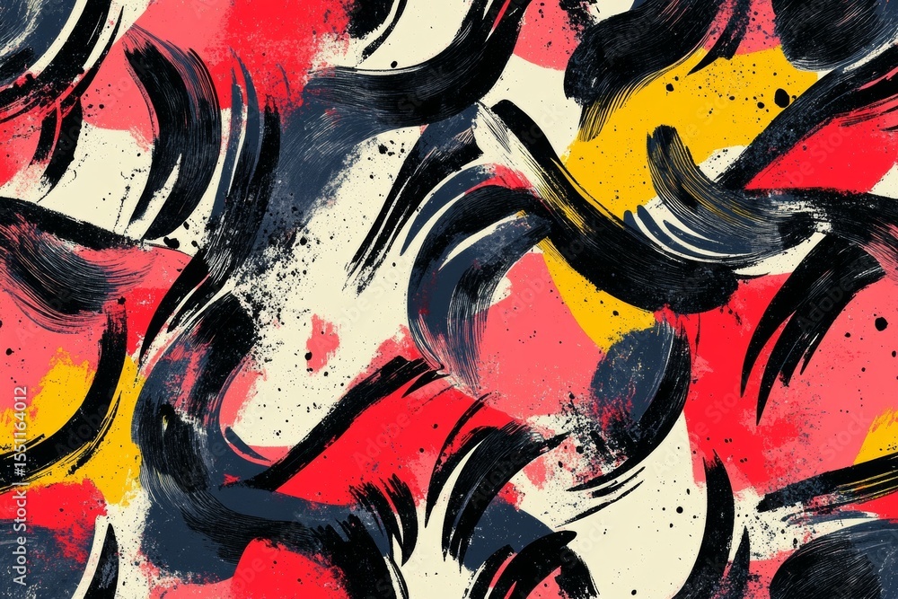Poster an abstract pattern with bold and bright colors, dynamic lines, and intricate textures, forming a vi