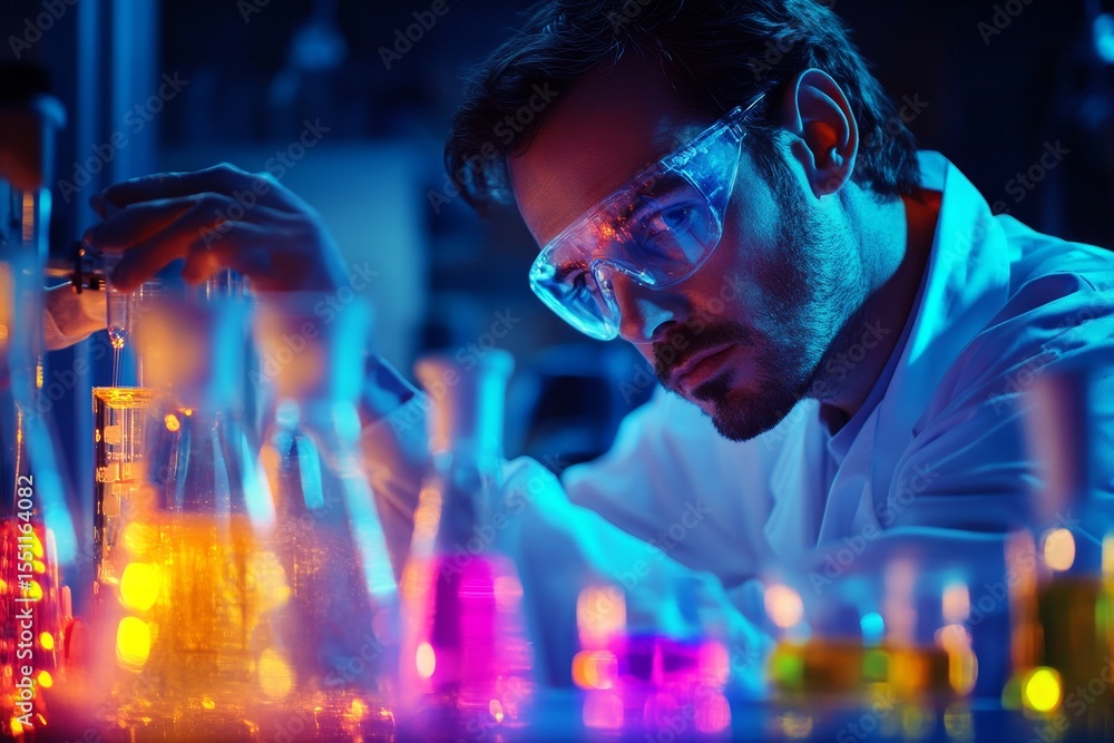 Poster a scientist working on a groundbreaking chemical experiment in a high-tech lab, with colorful reacti