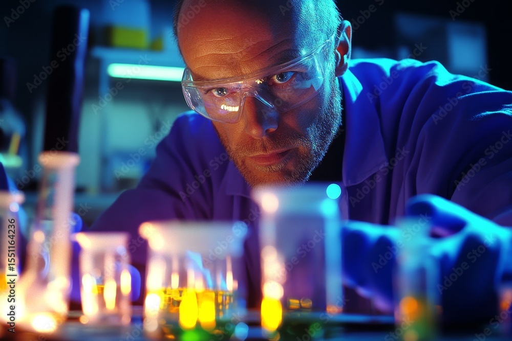 Poster a scientist working on a groundbreaking chemical experiment in a high-tech lab, with colorful reacti