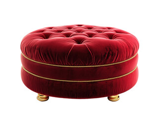 Vintage red velvet round ottoman with golden legs isolated on transparent background.