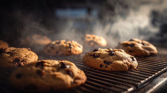 Freshly Baked Chocolate Chip Cookies: A tempting array of warm chocolate chip cookies, fresh from the oven, with delicate wisps of steam rising into the air, a symbol of home-baked delight.