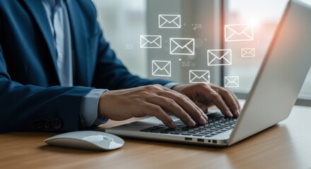 Digital Communication: Business Professional Typing on Laptop with Email Icons Overlay.