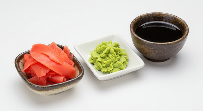 Sushi condiments including ginger, wasabi, and soy sauce, ready to enjoy.