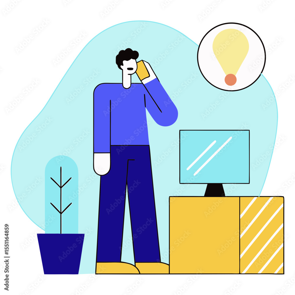 Poster man on phone discussing ideas with a computer and lightbulb