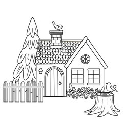 Cozy house with chimney, surrounded by wood, pine and flowers. There is a stump in front of the house, a bird is sitting on the roof. Doodle illustration for coloring pages. Vector illustration