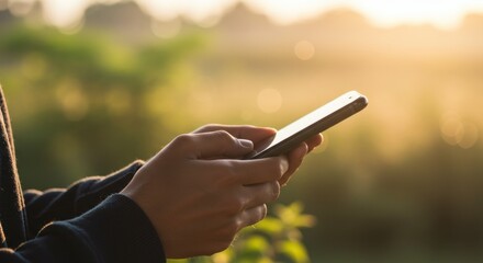 Golden Hour Mobile: Hands Holding Phone, Blurred Greenery, Warm Sunlight.