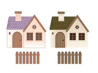 Set of two cozy cabins with fences, tile roofs, and chimneys. Bright, inviting scene with warm details perfect for seasonal designs, rural landscapes, or cozy home illustrations. Vector illustration