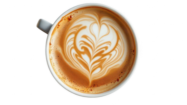 Latte Art Delight: Top-down, a creamy latte adorned with intricate art, a harmonious blend of coffee and milk, promising a comforting, energizing start to the day.