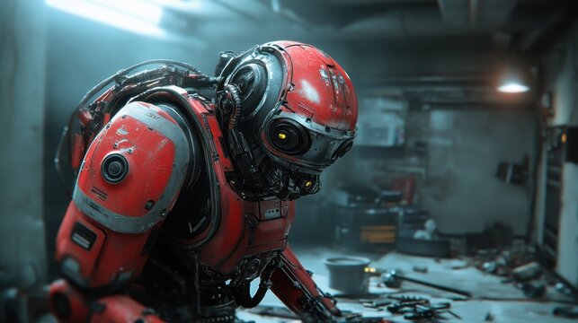 A detailed close-up of a red robot in a workshop, showcasing intricate mechanical parts and tools, reflecting the blend of technology and craftsmanship in robotics.