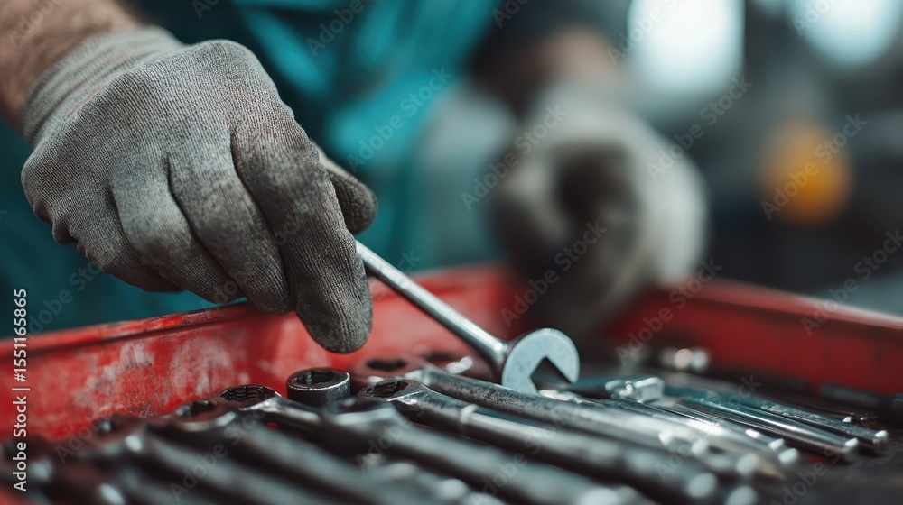 Poster a close-up of a skilled hand working on tools inside a workshop, symbolizing craftsmanship and preci