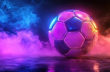 Fototapeta premium A vibrant soccer ball in neon light, surrounded by smoke