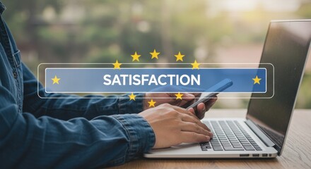 Digital Satisfaction: Person Using Laptop and Phone with Glowing Text Overlay.