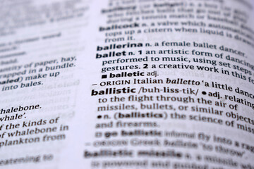 English Definition Dictionary Page Of Printed Word -  Ballistic Close Up