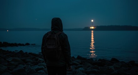 Hooded Figure Gaze, Tranquil Water, Nocturnal Reflection, Coastal Edge.