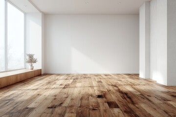 Obraz premium Sunlit minimalist room with hardwood floors, white walls, and a single plant on a low window seat