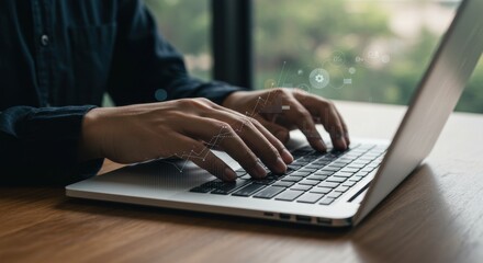 Hands typing on laptop, wood table, blurry cityscape background, conceptual digital overlay.