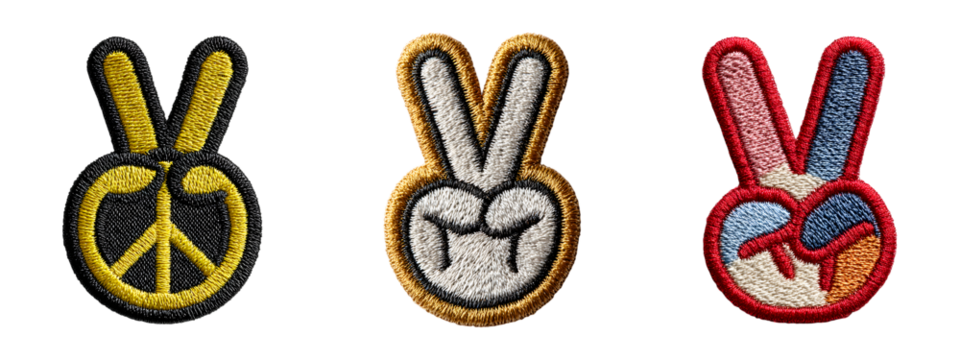 Set of Peace hand sign embroidery patch isolated on transparent background, in PNG format, cut out