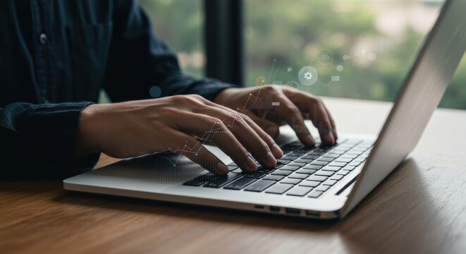 Hands typing on laptop, wood table, blurry cityscape background, conceptual digital overlay.