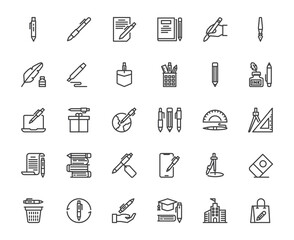 Vector outline icon set of pen and pencil related such book, ruler, rubber, laptop on white background, education tool and write things concept, 48x48 pixel perfect editable stroke for design