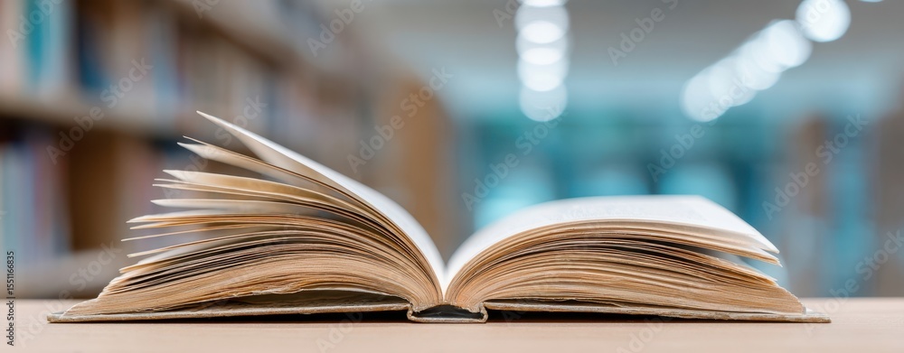 Poster the open book resting on a wooden table in a library setting.