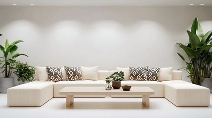 A minimalist living room with a large sofa, plants, and a wooden coffee table