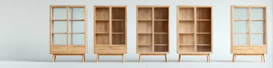 Four light-wood display cabinets with glass doors and drawers, standing on slender legs against a white wall