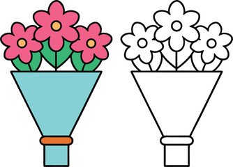 Pink Flowers Green Leaves Teal Vase Bouquet Coloring Page Illustration vector