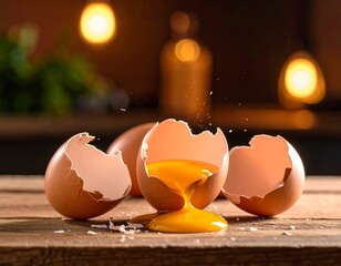 Broken eggshells on a wooden table with egg yolk spilling out in a warm kitchen setting